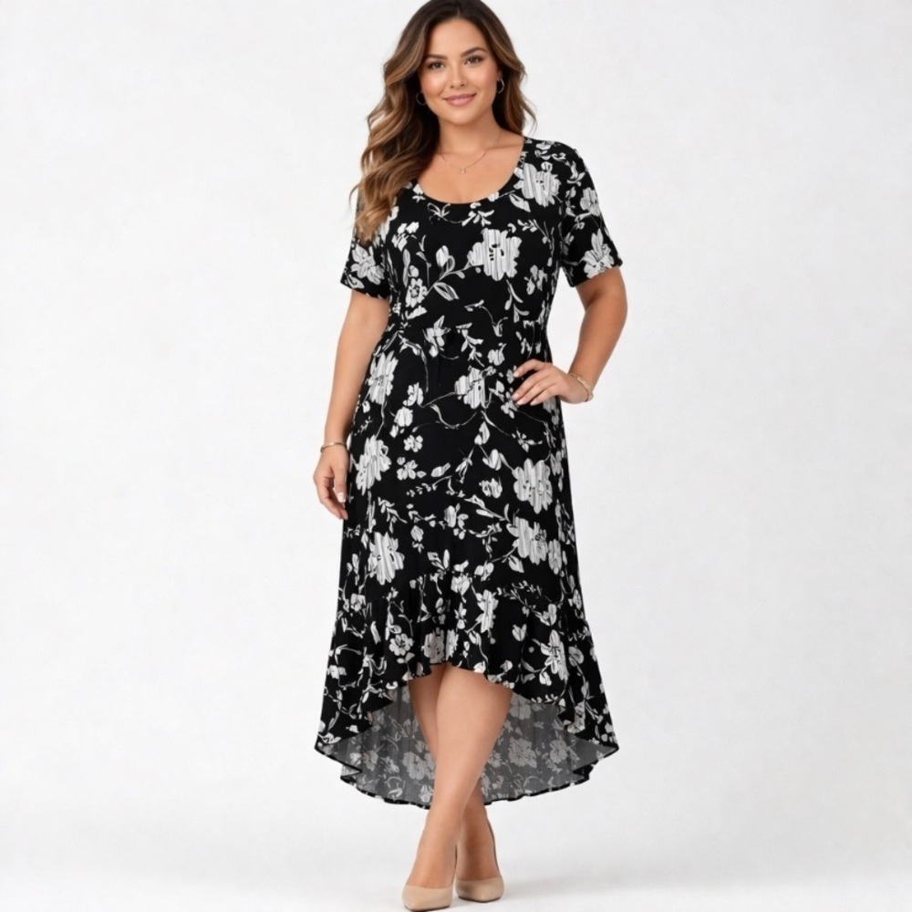 Jessica London NEW Black White Flounce Hem Romantic High Low Maxi Dress Size 20W